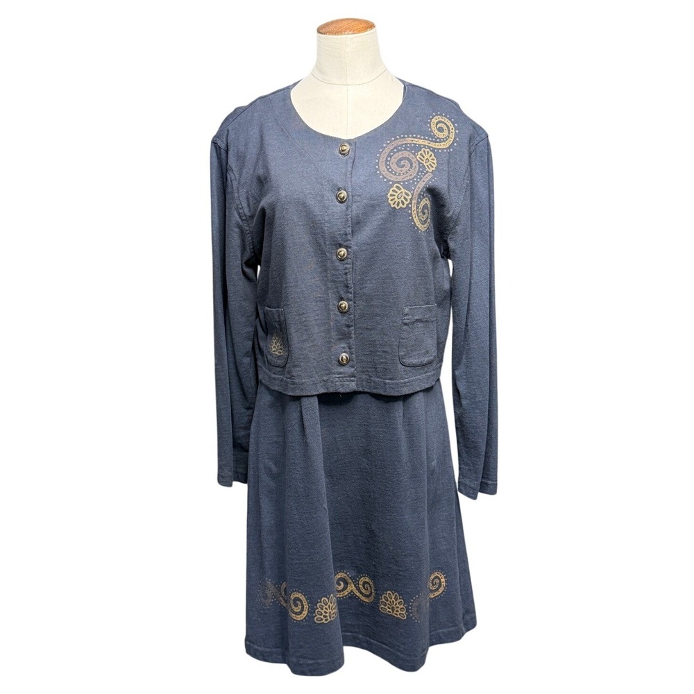 VTG Earth Song Dress Jacket Set Womens Sz M Blue 100% Cotton‎ Two Piece 90s USA